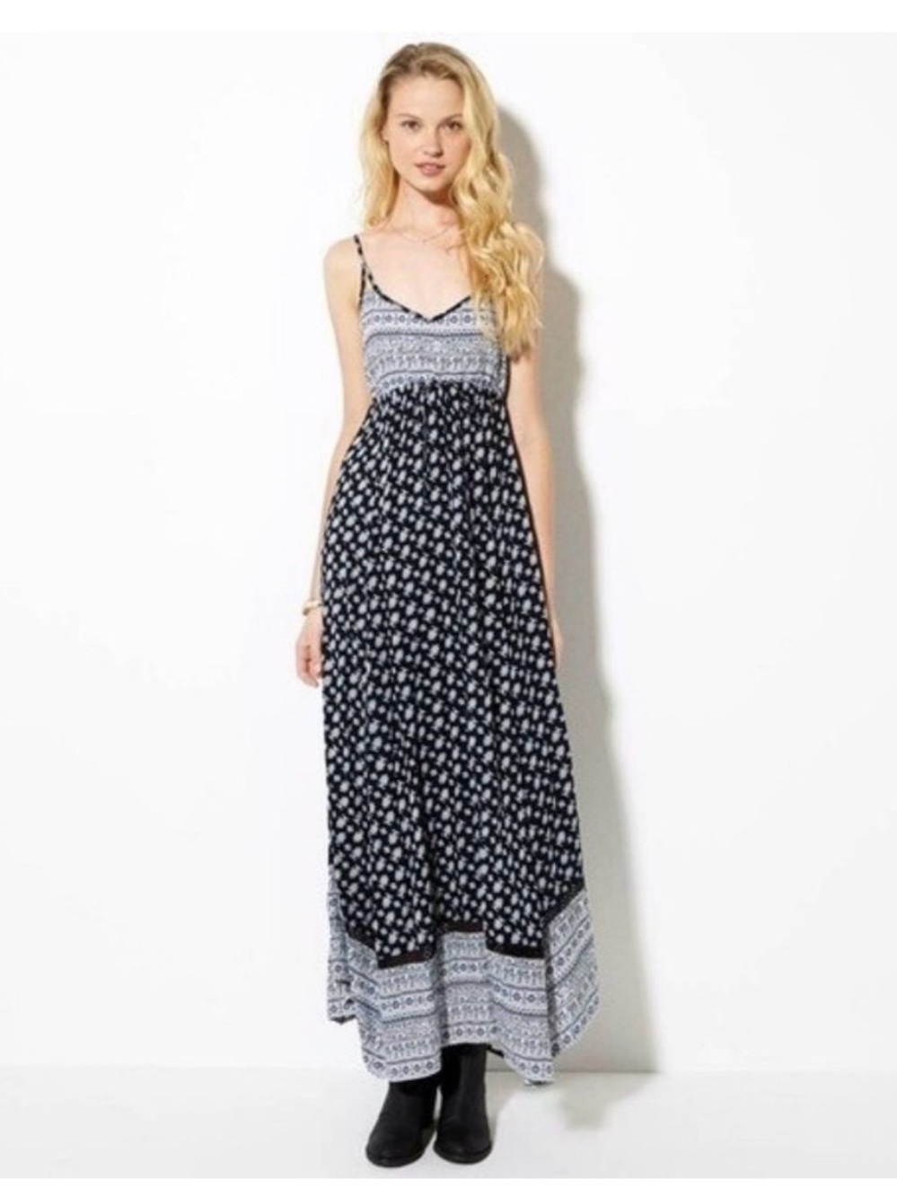 American Eagle Boho Maxi Dress | Navy Blue & White | Geometric Print | Size S